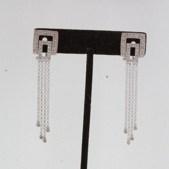 14k WHITE GOLD DIAMOND LONG DANGLE DROP TASSEL EARRINGS - Picture 5 of 13